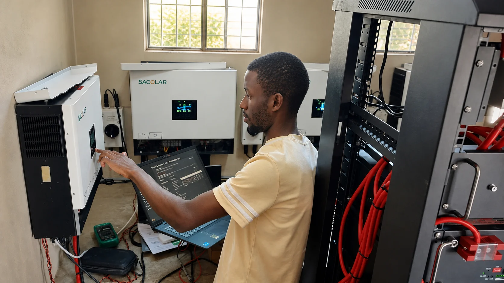 Smarter Labs engineer diagnosing a commercial solar and power installation